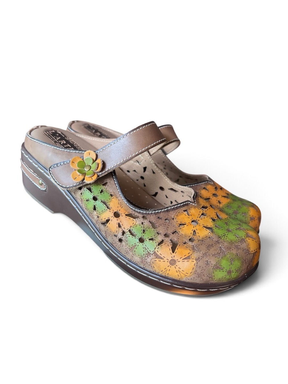 L’Artiste NEW Spring Step Amana Floral Leather Clog Handmade/Painted Size 38 7.5